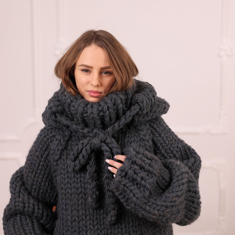 Extra Chunky Wool Alpaca Hooded Turtleneck Sweater with Pocket, Oversized Gray Pullover T2111