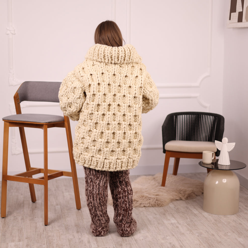 Extra Chunky Wool Cardigan , Hand Knitted 10 Strands Heavy Honeycomb Knit Jacket T2133