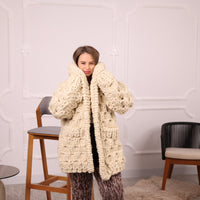 Extra Chunky Wool Cardigan , Hand Knitted 10 Strands Heavy Honeycomb Knit Jacket T2133