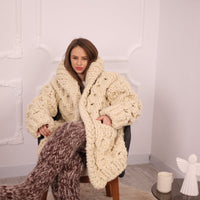 Extra Chunky Wool Cardigan , Hand Knitted 10 Strands Heavy Honeycomb Knit Jacket T2133