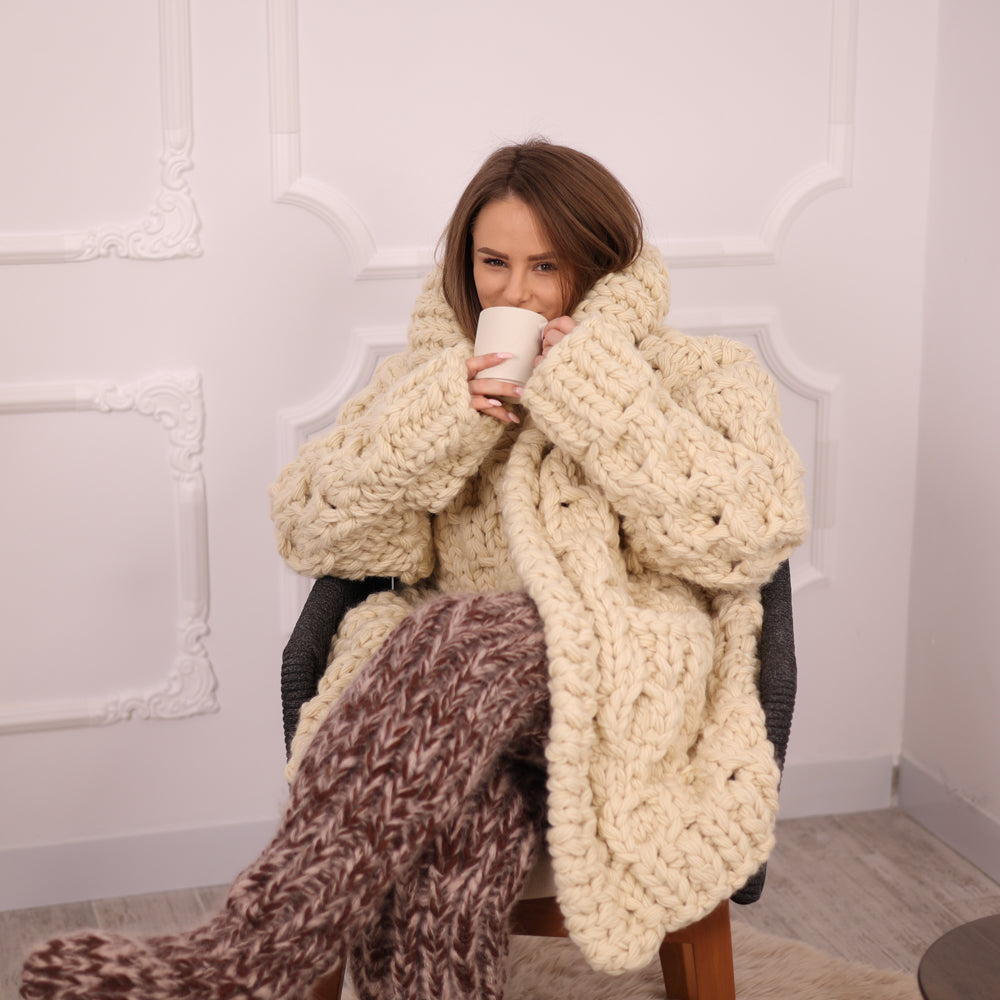 Extra Chunky Wool Cardigan , Hand Knitted 10 Strands Heavy Honeycomb Knit Jacket T2133