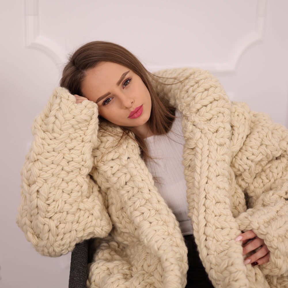 Extra Chunky Wool Cardigan , Hand Knitted 10 Strands Heavy Honeycomb Knit Jacket T2133
