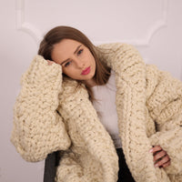 Extra Chunky Wool Cardigan , Hand Knitted 10 Strands Heavy Honeycomb Knit Jacket T2133