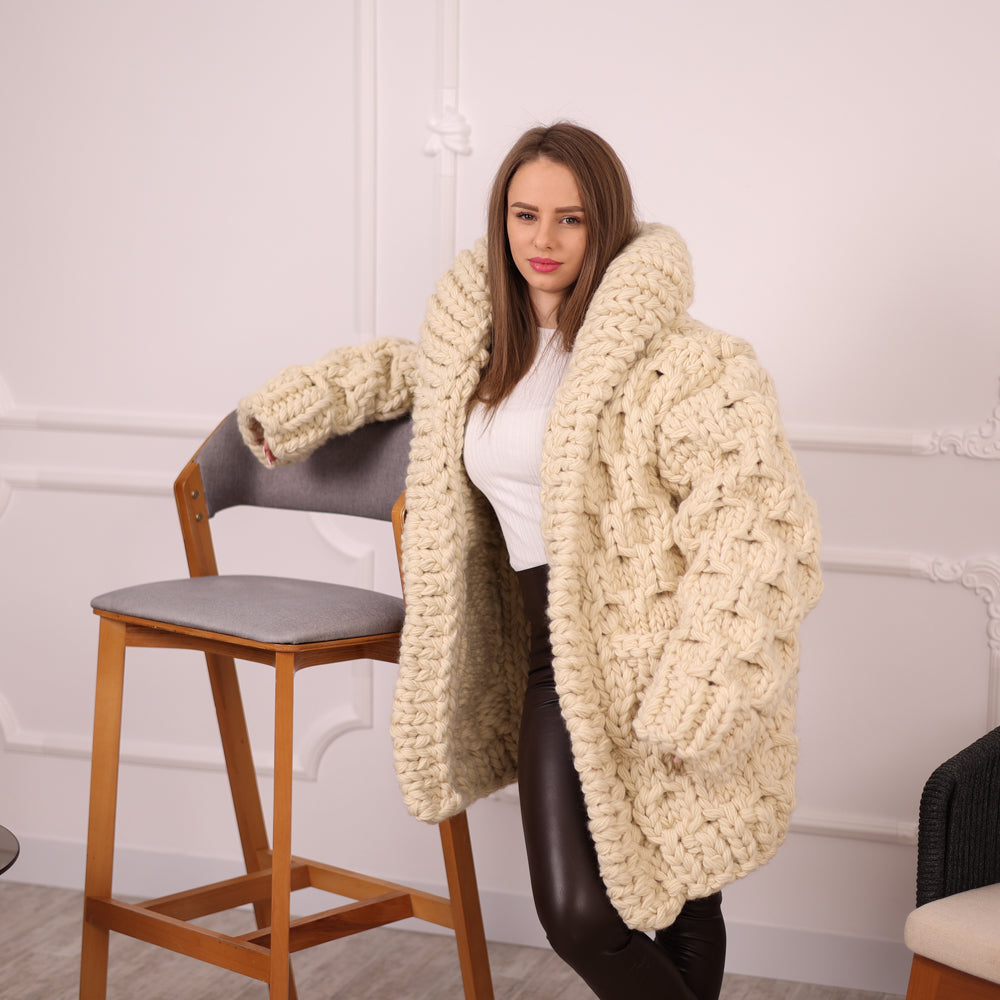 Extra Chunky Wool Cardigan , Hand Knitted 10 Strands Heavy Honeycomb Knit Jacket T2133