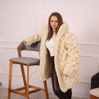 Extra Chunky Wool Cardigan , Hand Knitted 10 Strands Heavy Honeycomb Knit Jacket T2133