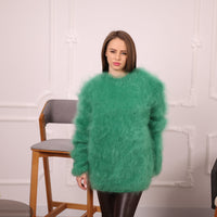 Green French Kid Mohair Turtleneck Sweater, Brushed Hairy Knit, Extra Soft Fluffy Pullover T2140
