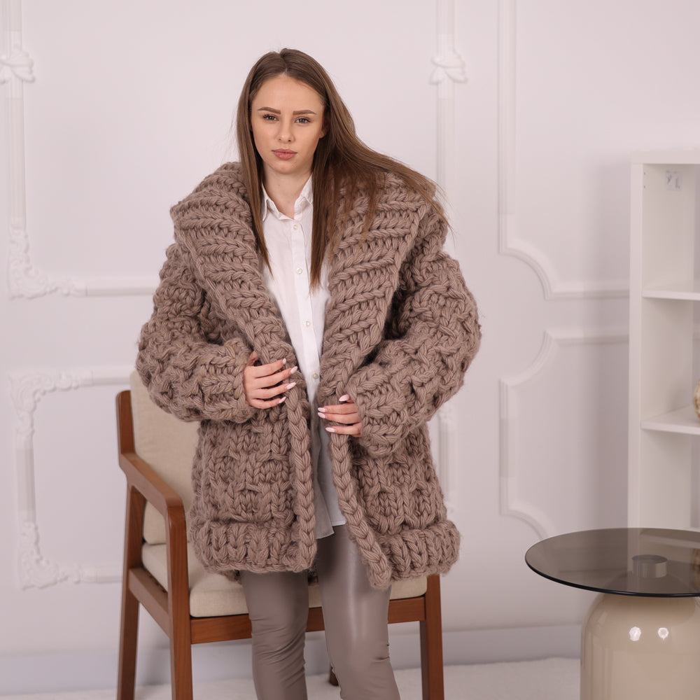 Extra Chunky Wool Cardigan , Hand Knitted 10 Strands Heavy Honeycomb Knit Jacket T2152