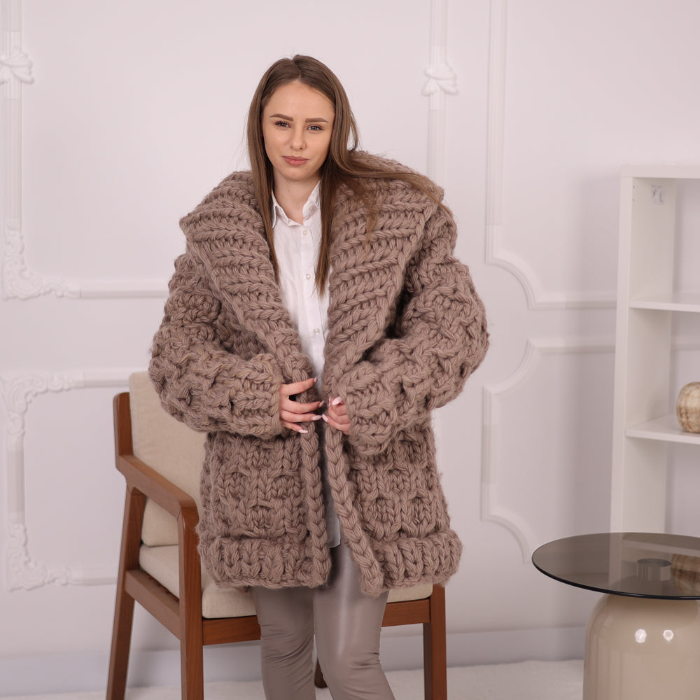 Extra Chunky Wool Cardigan , Hand Knitted 10 Strands Heavy Honeycomb Knit Jacket T2152