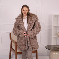 Extra Chunky Wool Cardigan , Hand Knitted 10 Strands Heavy Honeycomb Knit Jacket T2152