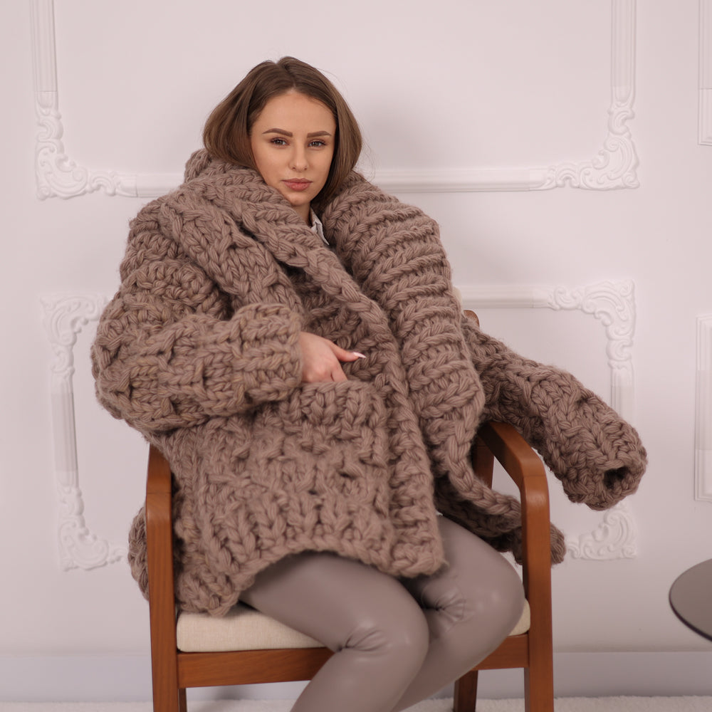 Extra Chunky Wool Cardigan , Hand Knitted 10 Strands Heavy Honeycomb Knit Jacket T2152