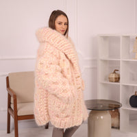 Chunky Cream Pink Melange  Mohair Cardigan – Hand Knitted Oversized Sweater T2153