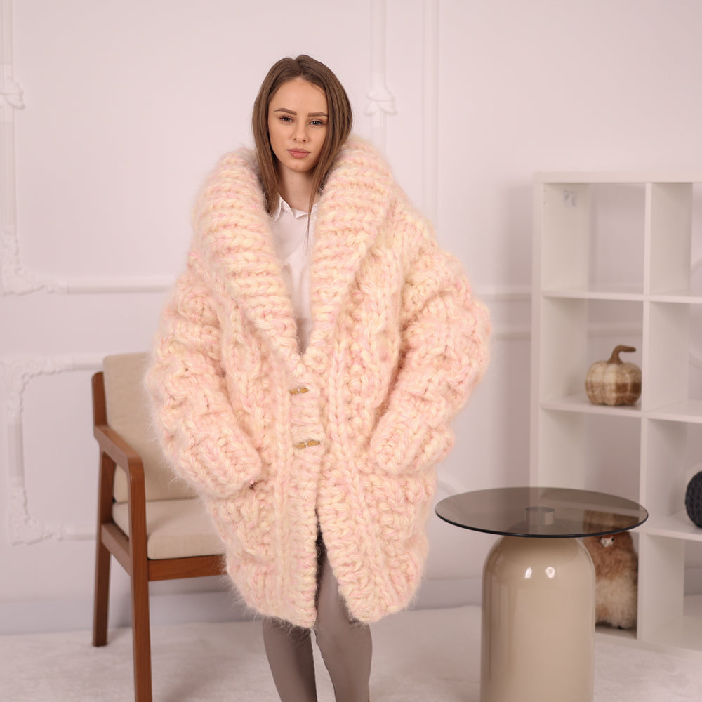 Chunky Cream Pink Melange  Mohair Cardigan – Hand Knitted Oversized Sweater T2153