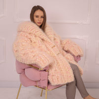 Chunky Cream Pink Melange  Mohair Cardigan – Hand Knitted Oversized Sweater T2153
