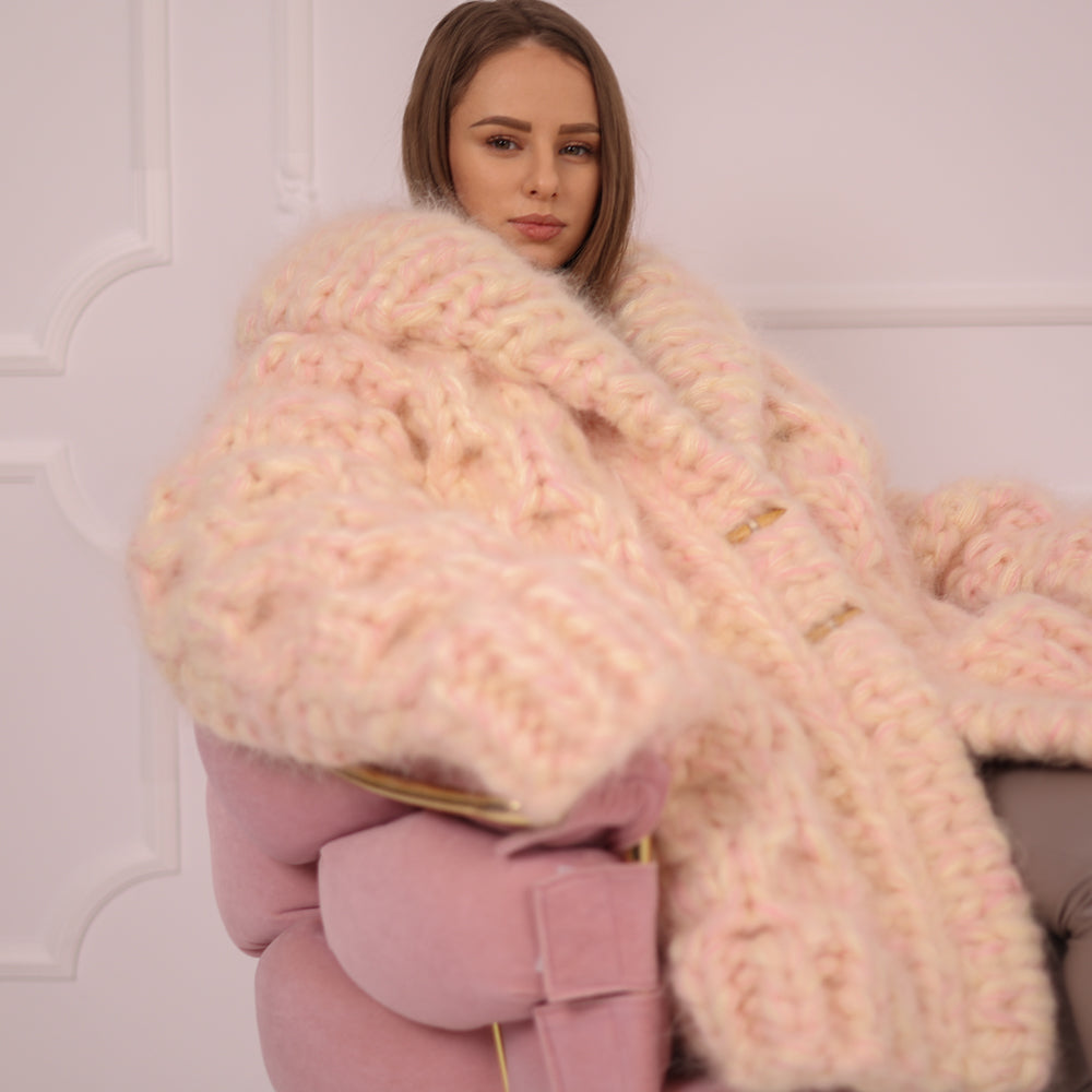 Chunky Cream Pink Melange  Mohair Cardigan – Hand Knitted Oversized Sweater T2153