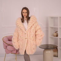 Chunky Cream Pink Melange  Mohair Cardigan – Hand Knitted Oversized Sweater T2153