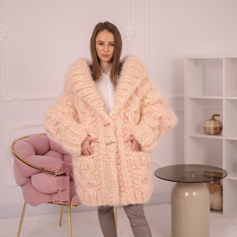 Chunky Cream Pink Melange  Mohair Cardigan – Hand Knitted Oversized Sweater T2153