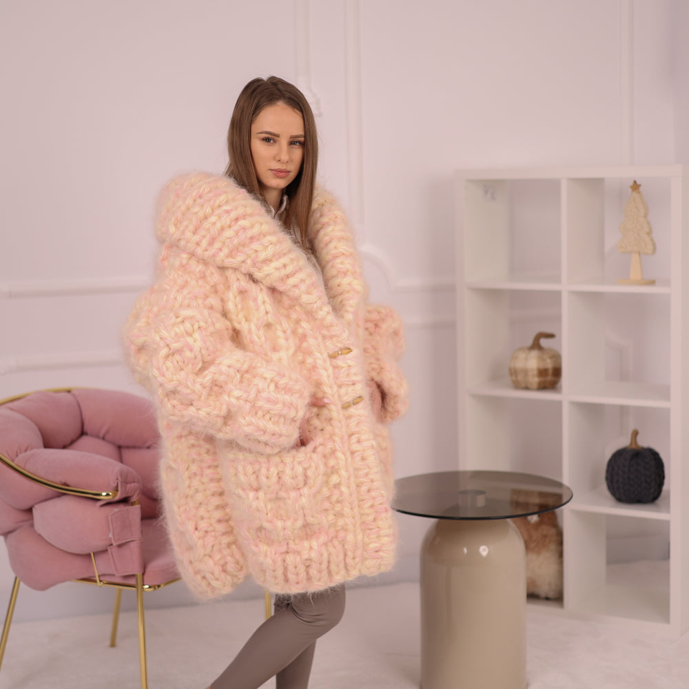 Chunky Cream Pink Melange  Mohair Cardigan – Hand Knitted Oversized Sweater T2153