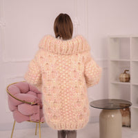 Chunky Cream Pink Melange  Mohair Cardigan – Hand Knitted Oversized Sweater T2153
