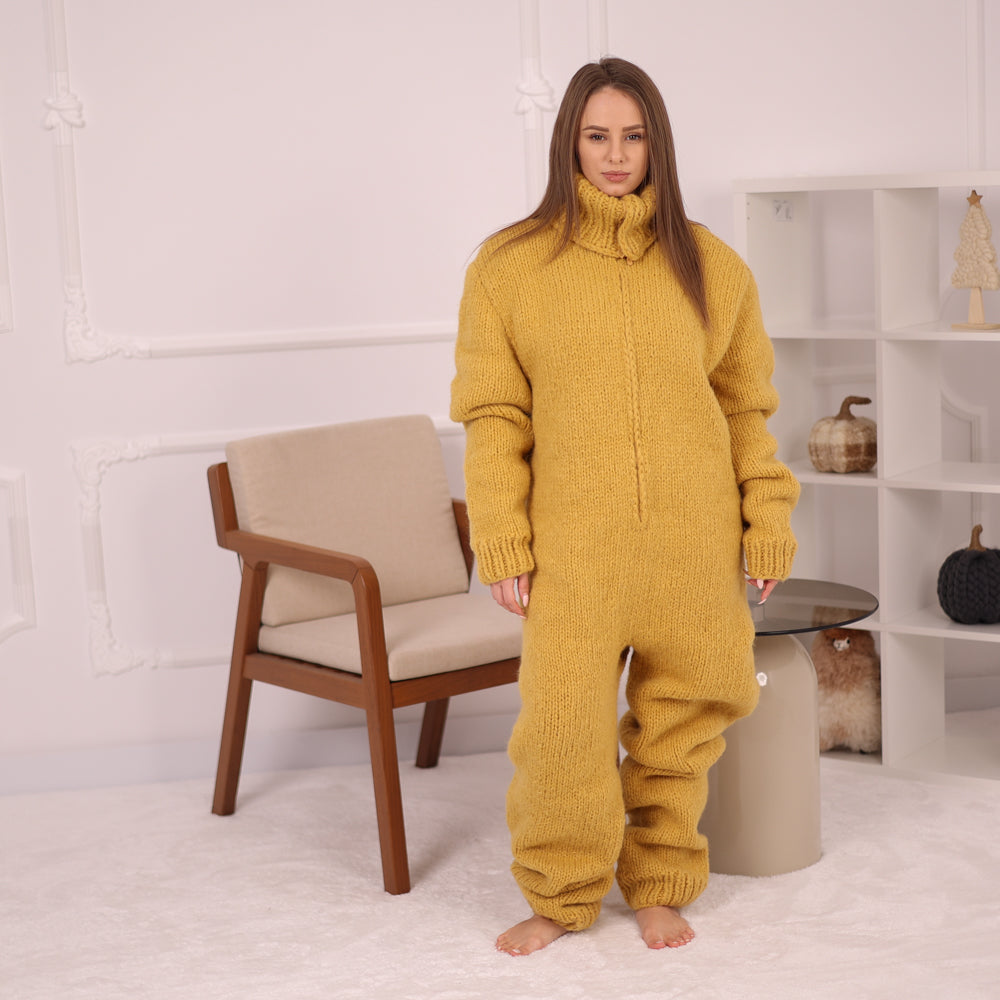 Yellow Alpaca Catsuit with Zipper, 12 Strand Yarn, Heavy Warm Hand Knitted Onepiece T2155