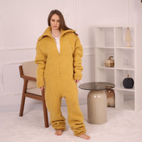 Yellow Alpaca Catsuit with Zipper, 12 Strand Yarn, Heavy Warm Hand Knitted Onepiece T2155