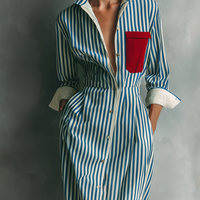 Women's Blue And White Cotton Blend Striped Shirt Dress With Red Chest Pocket MDZ1286C2T