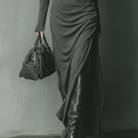 Women's Dark Grey High Elastic Knitted Hooded Maxi Dress MDA1303J1T