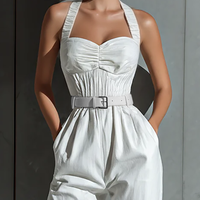 Women's Ivory Cotton And Linen Blend Wide-Leg Jumpsuit With Cinched Waist MDZ0674B7T