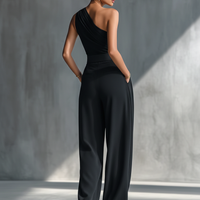 Women's Black High-elastic Knit Top And Acetate Wide-leg Pants MDZ1068B3T