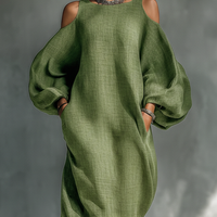 Women's Light Green Cold-Shoulder Maxi Dress With Oversized Puff Sleeves & Side Pockets MDZ1004B7T