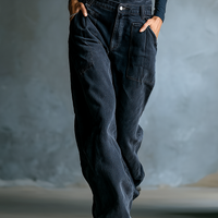 Women's Black Cotton One-shoulder Turtleneck Top And Blue-grey Denim Loose-fitting Overalls Set MDA2045K8T