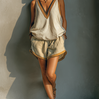 Women's Beige Linen-Blend Contrast Trim V-Neck Tank Top & Khaki Shorts Two-Piece Set MDZ2086C2T