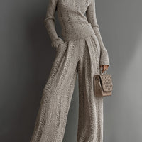Women's Taupe Elegant Knit Textured Sweater & Wide - Leg Pants Set MDA1453H6I