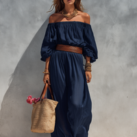 Women's Casual Dark Blue Cotton Linen Strapless Long-sleeved Dress (belt Not Included) MDZ1281C1AN
