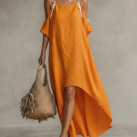 Women's Tangerine Linen Dress With Cold Shoulder & High-Low Hem, Timeless Boho-Resort Style Dress MDZ0337C4I