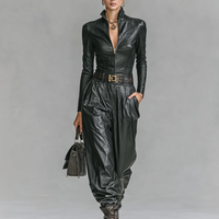 Women's Fashion PU Leather Slim Fit Zipper Stand Collar Shirt Pants Set (Without Belt)MDA2743H0Y