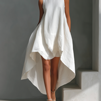 Women's White Linen Fabric Sleeveless Midi Dress With Round Neck & Asymmetric Hem MDZ0987B9T