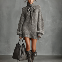 Women's Minimalist Loose Knitted High Neck Bow Tie Mini Dress MDA1696I0Y