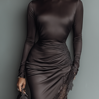 Women's Dark Brown Satin Irregular Hem Lace Slim Maxi Dress MDA0501H1T