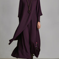 Women's Plum Draped Cotton-Blend Jersey Elegant Turtleneck Embroidered Maxi Dress MDA1202K8I