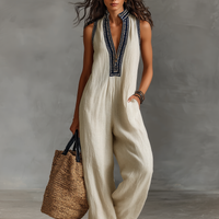 Women's Minimalist Linen Blend Sleeveless Jumpsuit With Zipper And Stand Collar, Featuring Embroidery MDZ0627B3Y