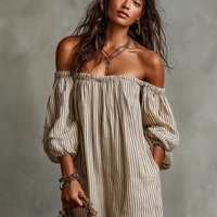 Women's Vacation Cotton-linen Blend Off-shoulder Long-sleeved Maxi Dress MDZ0481B5Y