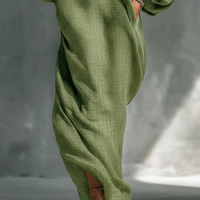 Women's Light Green Cold-Shoulder Maxi Dress With Oversized Puff Sleeves & Side Pockets MDZ1004B7T