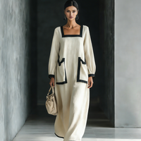 Women's Beige Cotton And Linen Blend Square-Neck Maxi Dress With Black Trim & Oversized Pockets MDZ1507A0T