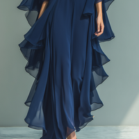 Women's Navy Blue Chiffon Top With Flared Sleeves And Straight-leg Trousers Set With Ruffled Details MDZ2218A5T