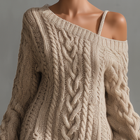 Women's Beige Cable Knit Off-the-Shoulder Fashion Mini Dress MDA1314J6T