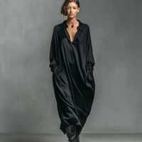 Women's Fashionable Casual Black Glossy Satin Long-sleeved Loose-fitting Maxi Dress With Pockets MDA2476K9AN