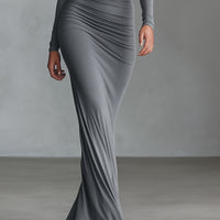 Women's Grey Elegant Stretch - Polyester-Cotton Blend Ruched Open - Back Maxi Dress MDA2860H8I