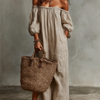 Women's Vacation Cotton-linen Blend Off-shoulder Long-sleeved Maxi Dress MDZ0481B5Y