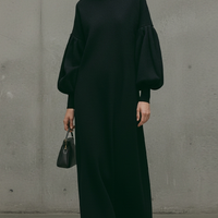 Women's Modern Black Turtleneck Puff-Sleeve Sweatshirt Maxi Dress MDA1503L6AU