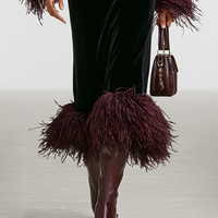 Women's Minimalist Velvet Patchwork Faux Ostrich Feather Cuffs And Hem Maxi Dress MDA1174J9Y